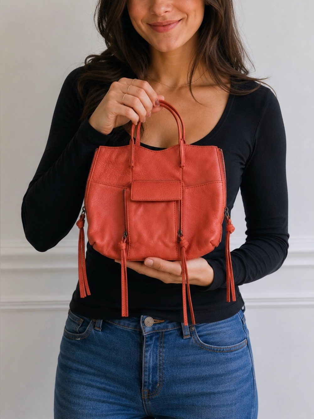 Kooba Leather ‘Aiden’ Mini Tote Hand Bag in Coral Red Orange Cute Casual